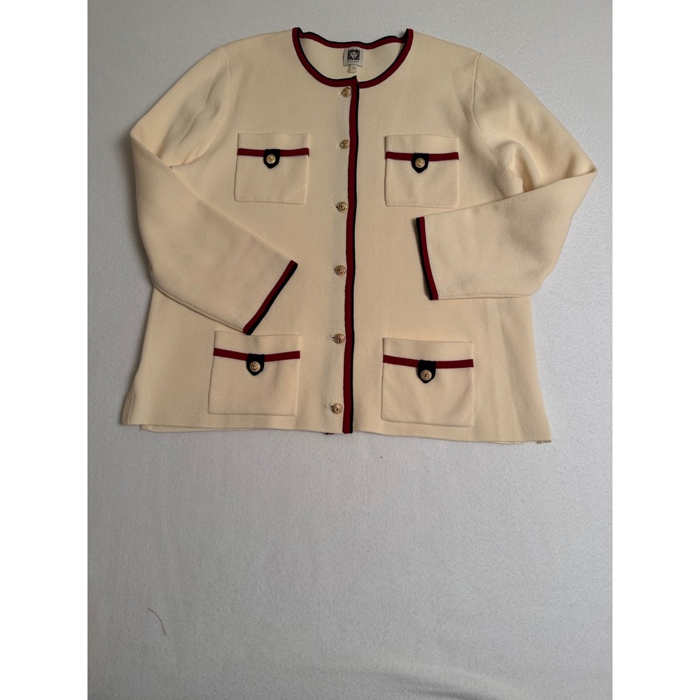 Anne Klein Cream Knit Cardigan Gold Anchor Button Nautical Trim Sweater Large